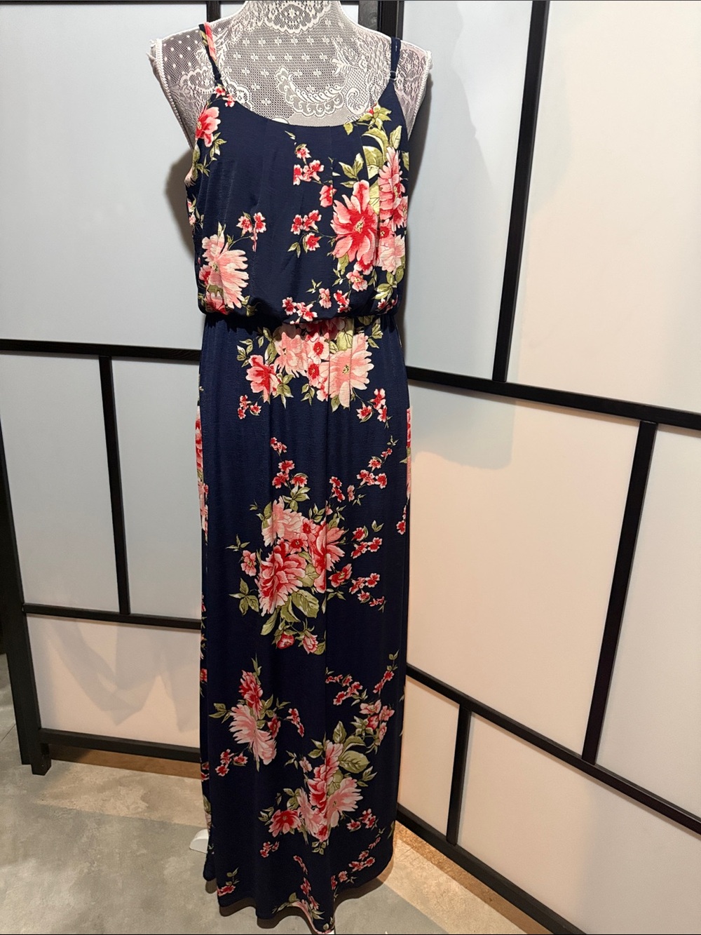 Navy Floral Maxi Dress with Spaghetti Straps